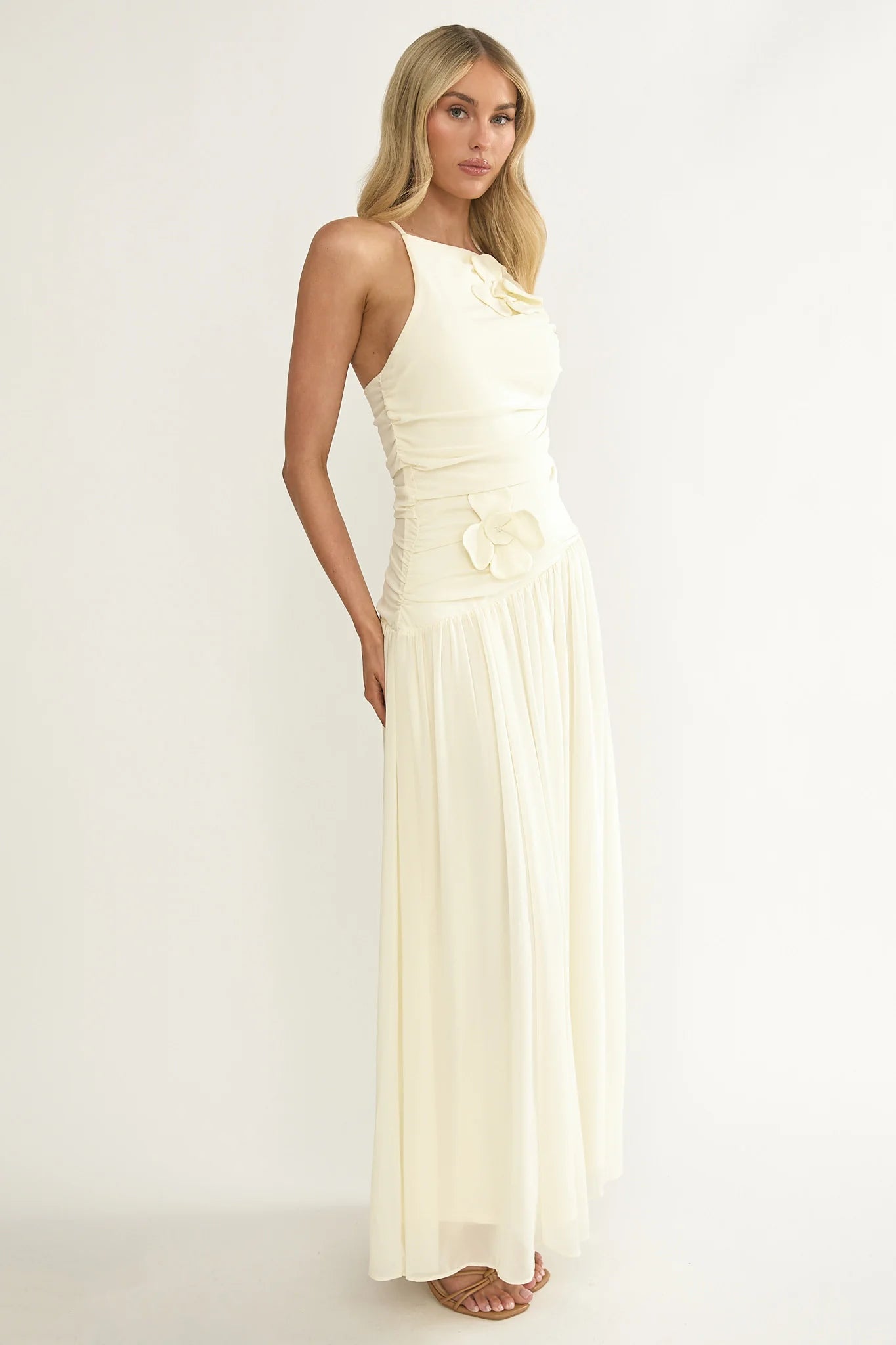 Brighten Drop Waist Flower Accent Maxi Dress Butter