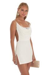 Lace Cowl Neck Dress in White