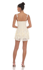 Lace Ruched Ruffle Dress in Cream