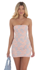 Strapless Lace Back Bow Dress in Pink and Blue