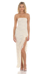 Strapless Lace Ruffle Slit Dress in Cream