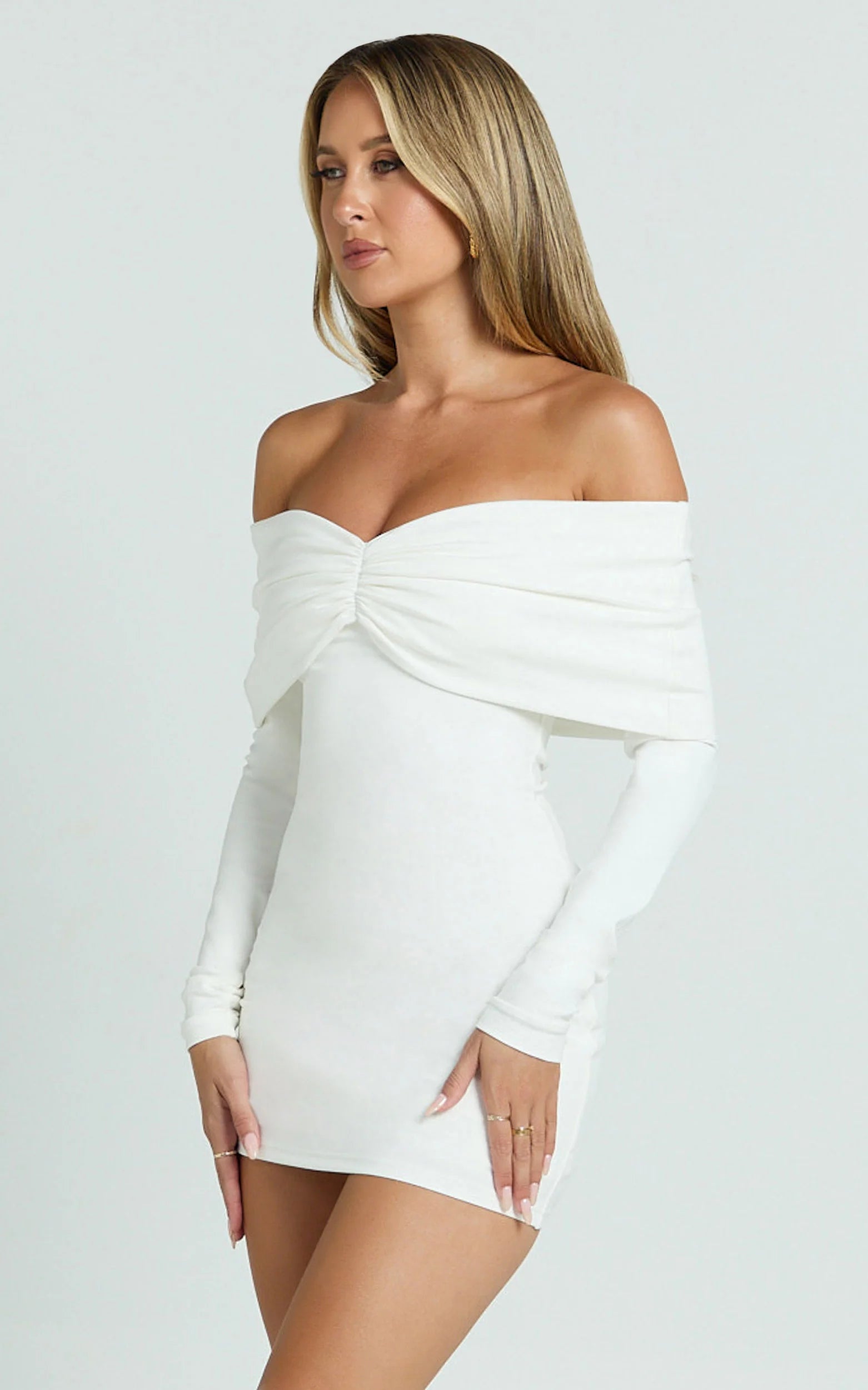 Rani Mini Dress Off Shoulder Long Sleeve Bodycon Dress in Off White