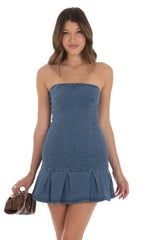 Strapless Pleated Dress in Denim