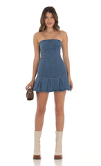 Strapless Pleated Dress in Denim