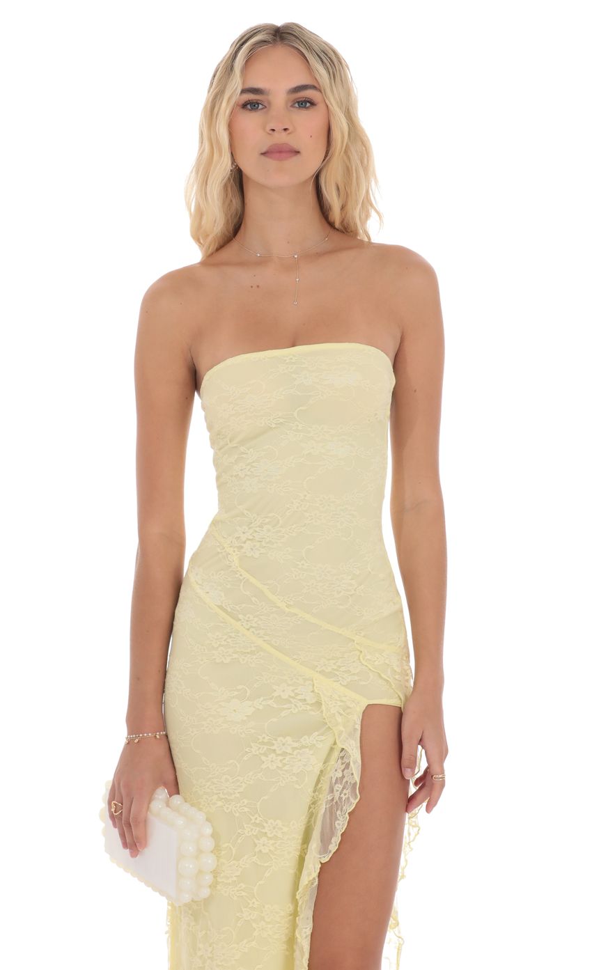 Lace Ruffle Slit Maxi Dress in Yellow