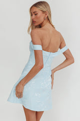 Mikado Off-Shoulder Foldover Mini Dress Jacquard Blue