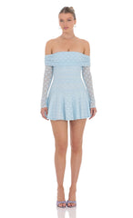Lace Off Shoulder Flare Dress in Light Blue