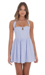 triped Floral Halter Fit and Flare Dress in Blue and White
