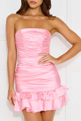 Crystalline Strapless Satin Mini Dress Pink