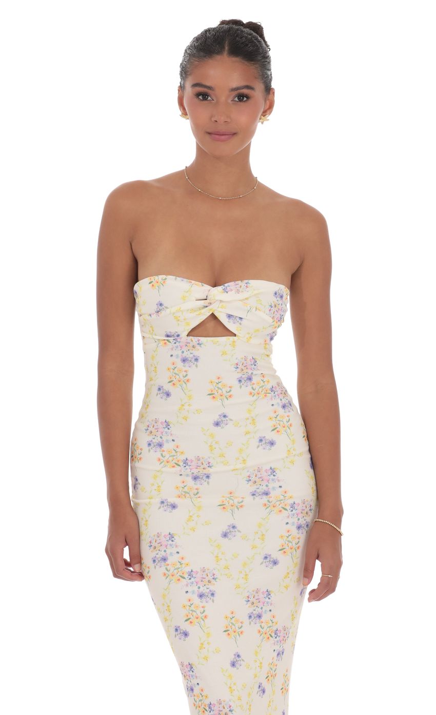 Floral Ribbed Cutout Twist Maxi Dress in Yellow