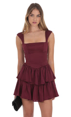 Wide Strap Ruffle Dress in Burgundy
