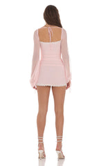 Mesh Lace Ruched Dress in Baby Pink