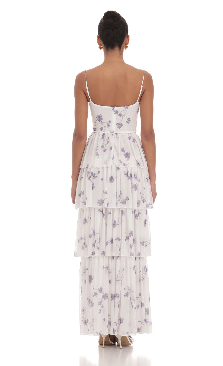 Floral Mesh Ruffle Maxi Dress in White