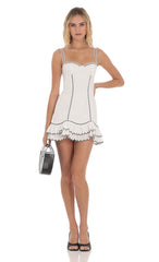 Black Thread Ruffle Dress in White