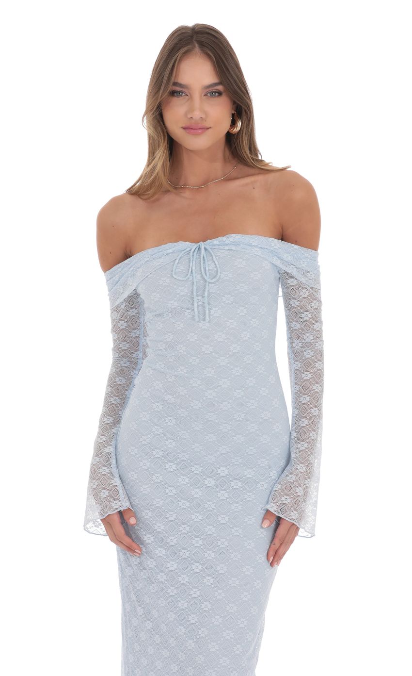 Lace Off Shoulder Maxi Dress in Light Blue