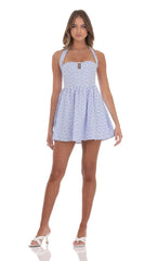 triped Floral Halter Fit and Flare Dress in Blue and White