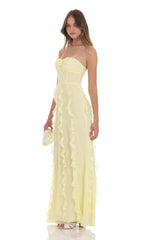 Chiffon Rossette Ruffle Maxi Dress in Yellow