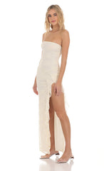 Strapless Lace Ruffle Slit Dress in Cream