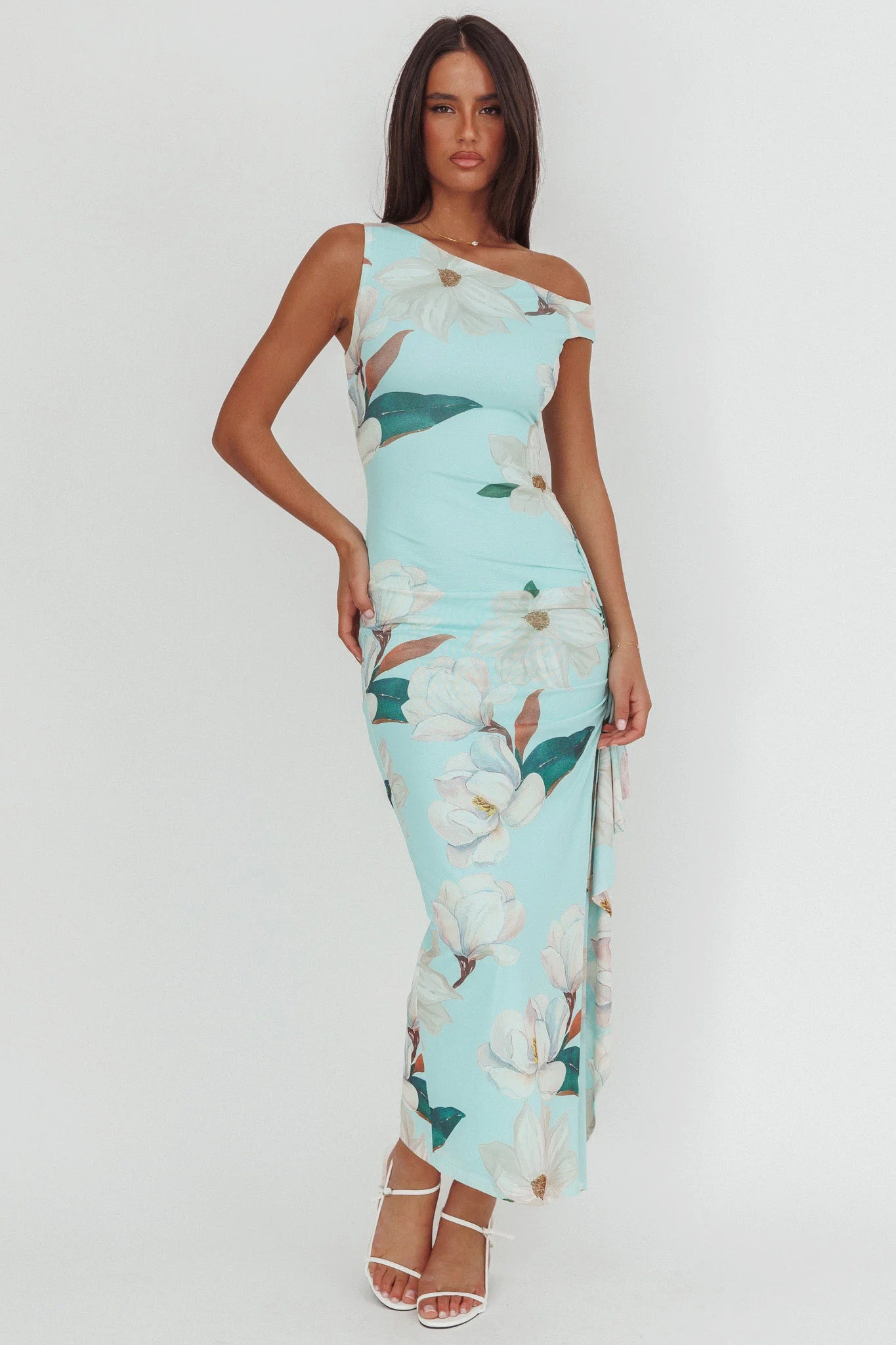 Raphaella Asymmetric Neckline Split Maxi Dress Magnolia Mint