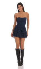 Lace Strapless Ruched Ruffle Dress in Navy