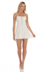 Embroidered Floral Front Tie Dress in White