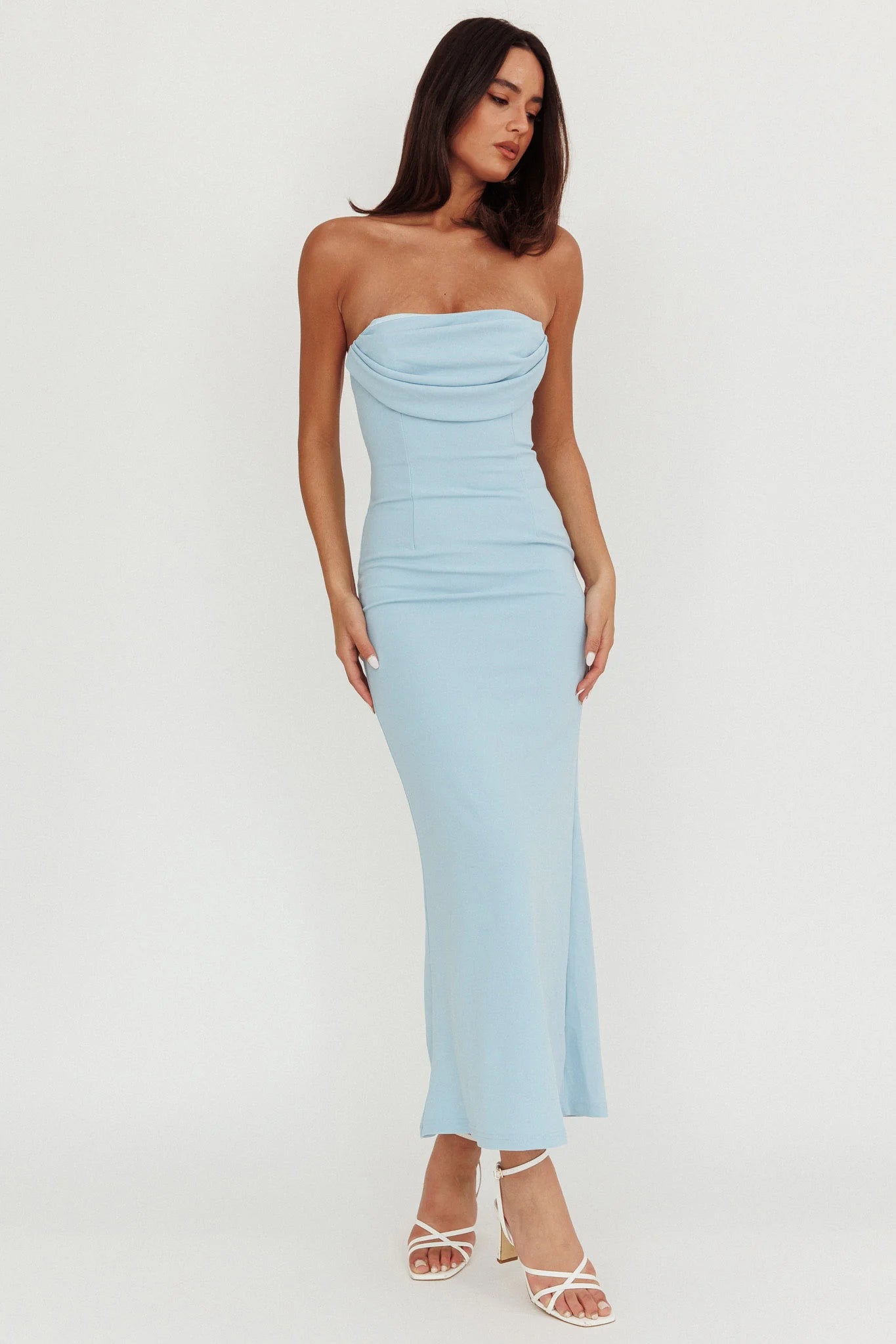 Well Versed Strapless Pleat Bust Maxi Dress Blue