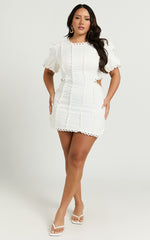 Laila Mini Linen Dress - High Neck Side Cut Out Puff Sleeve Straight Dress in Off White