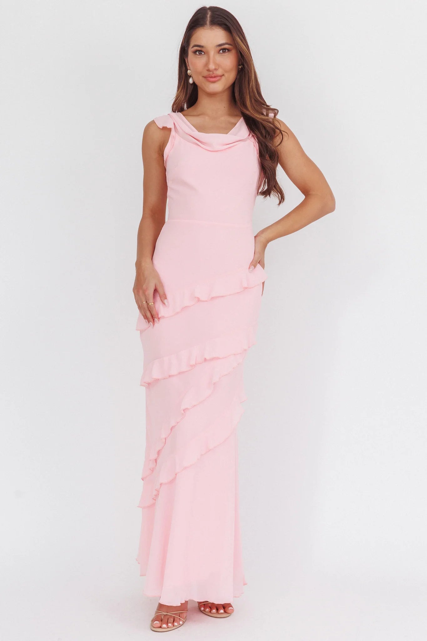 Sangria Cowl Neck Frill Maxi Dress Skin Powder