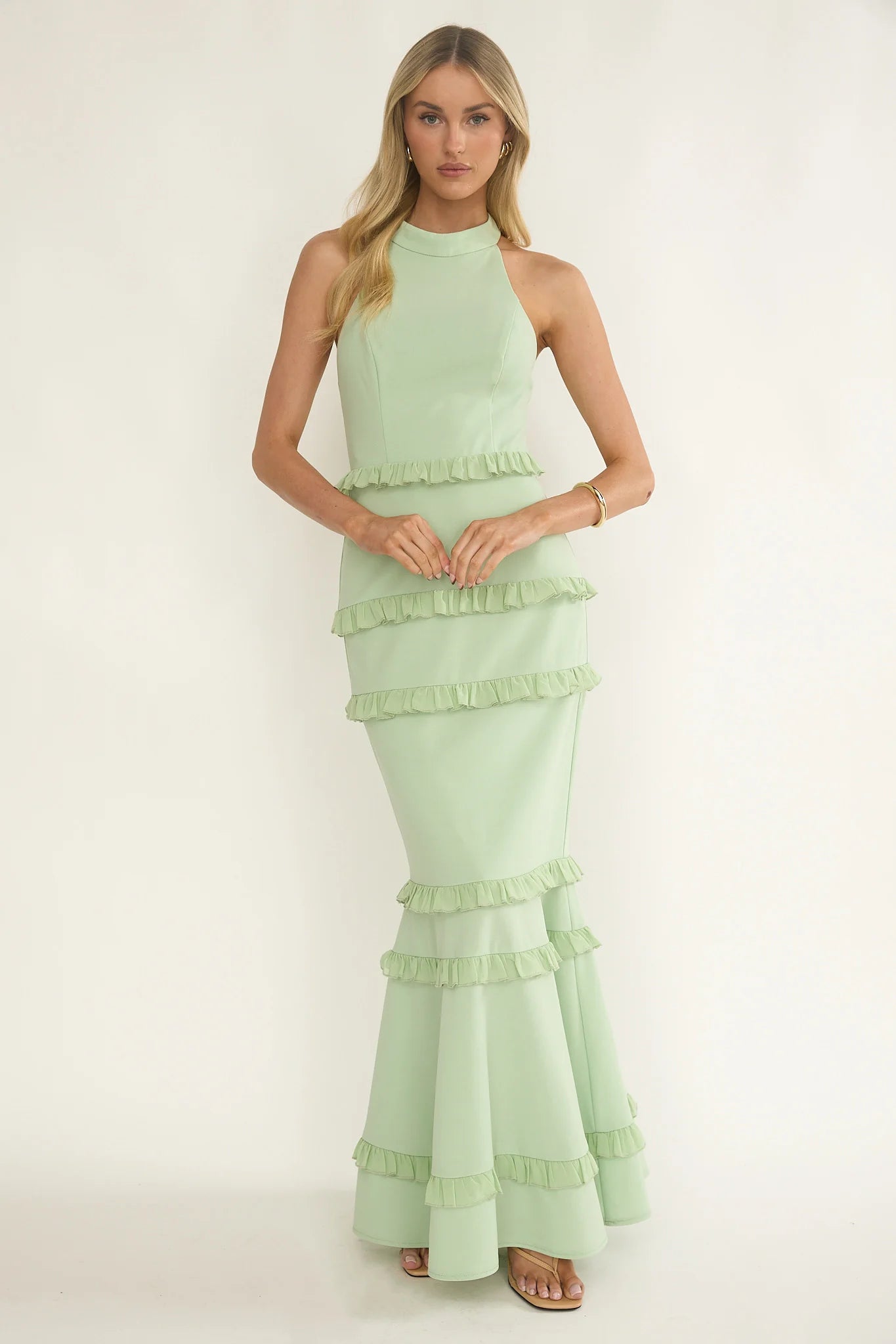 Haze Frill Trim Halterneck Maxi Dress Sage