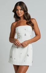 Anziel Mini Dress Strapless Structured Cluster Embellishment Dress in White