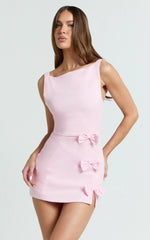 Arna Mini Dress High Neck Fitted Bow Detail Leg Split Fitted Dress in Pink