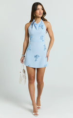 Aurora Mini Dress High Cowl Neck A Line Dress in Baby Blue