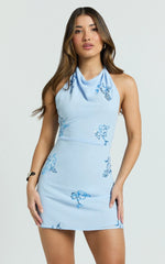Aurora Mini Dress High Cowl Neck A Line Dress in Baby Blue