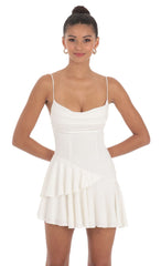 Cowl Neck Asymmetrical Ruffle Dress in White