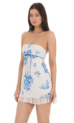 Floral Dotted Strapless Dress in White