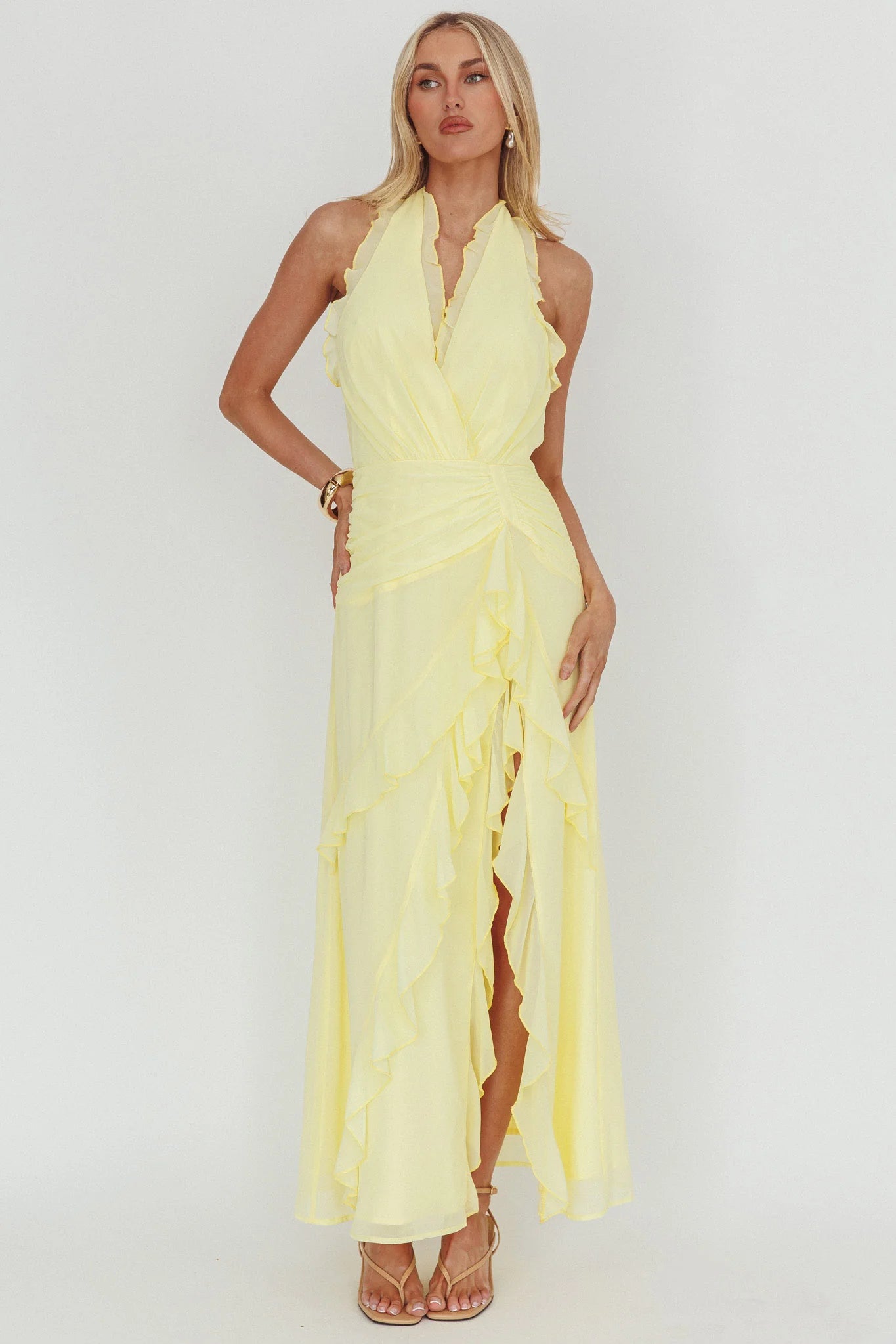 Enticing Halterneck Frill Maxi Dress Yellow