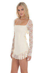 Long Lace Sleeve Ruffle Dress in Cream
