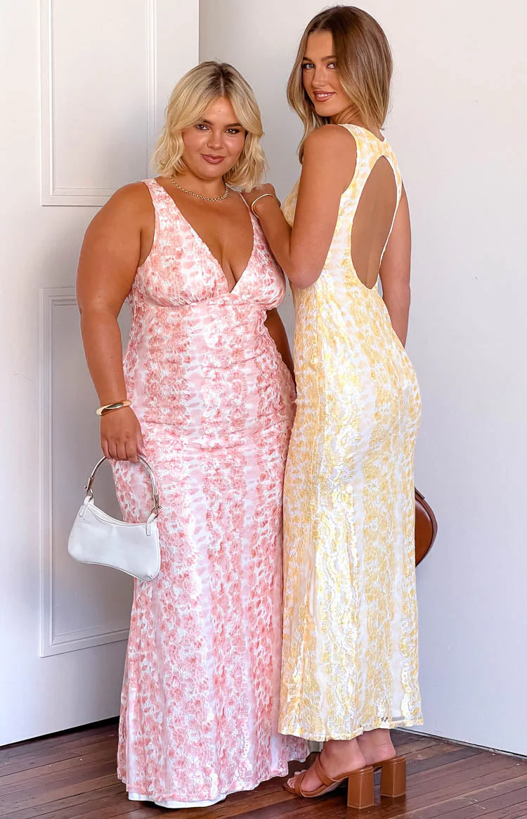 Farida Peach Lace Maxi Dress