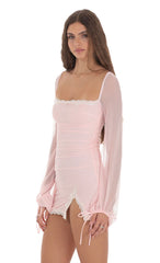 Mesh Lace Ruched Dress in Baby Pink