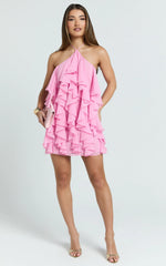 Carlson Mini Dress Halter Neck Ruffle Tiered Dress in Pink