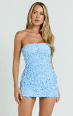 Strapless 3D Floral Lace Up Back Dress in Pale Blue