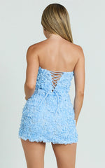 Strapless 3D Floral Lace Up Back Dress in Pale Blue