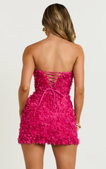 Strapless 3D Floral Lace Up Back Dress in Pink