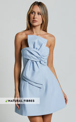 Chika Mini Dress Linen Strapless Front Bow Dress in Pale Blue