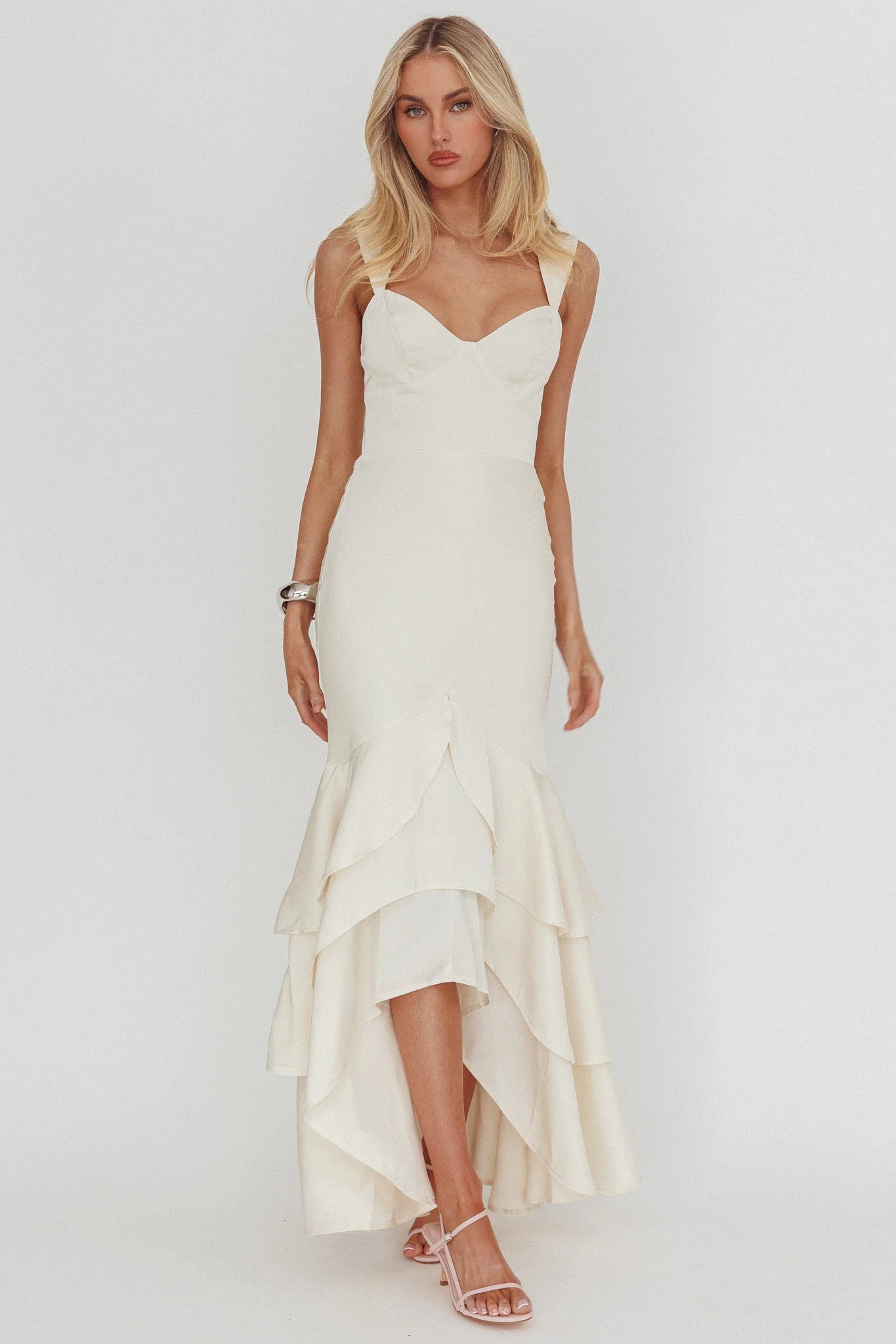 Baylin Layered Mermaid Hem Maxi Dress Cream
