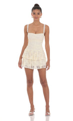 Lace Ruched Ruffle Dress in Cream