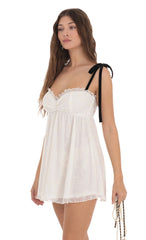 Mesh Velvet Shoulder Ties Babydoll Dress in White