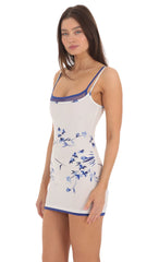Double Strap Mesh Floral Bodycon Dress in White