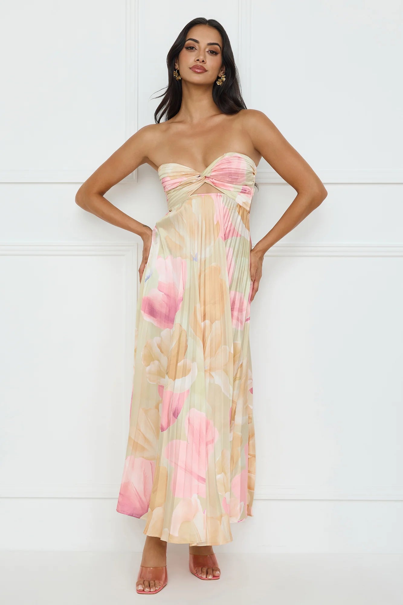 Sea Goddess Strapless Satin Maxi Dress Print