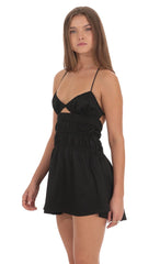 Satin Smocked Ruche Cutout Dress in Black